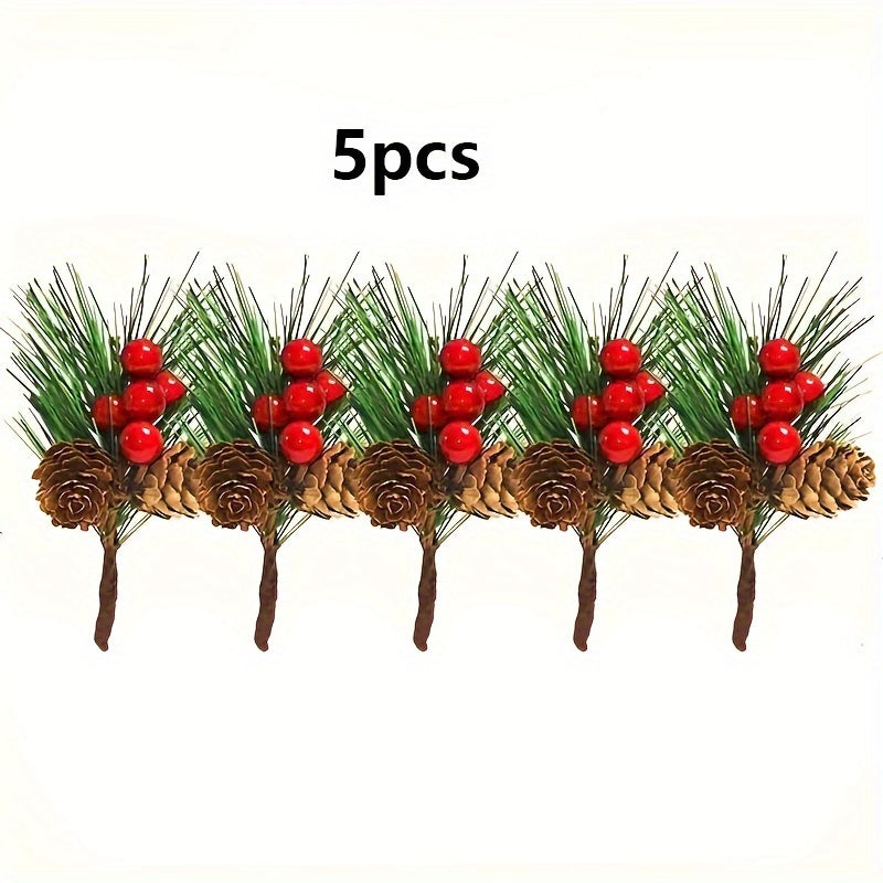 10pcs Christmas Red Berry Picks Holly Branches Pine Needle DIY Decoration