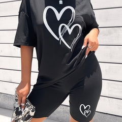 Hearts Print Casual Two piece Set Short Sleeve Drop Shoulder T shirt & Slim Shor