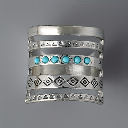 Vintage Wide Ring 925 Silver Plated Turquoise Inlaid Hollow Design