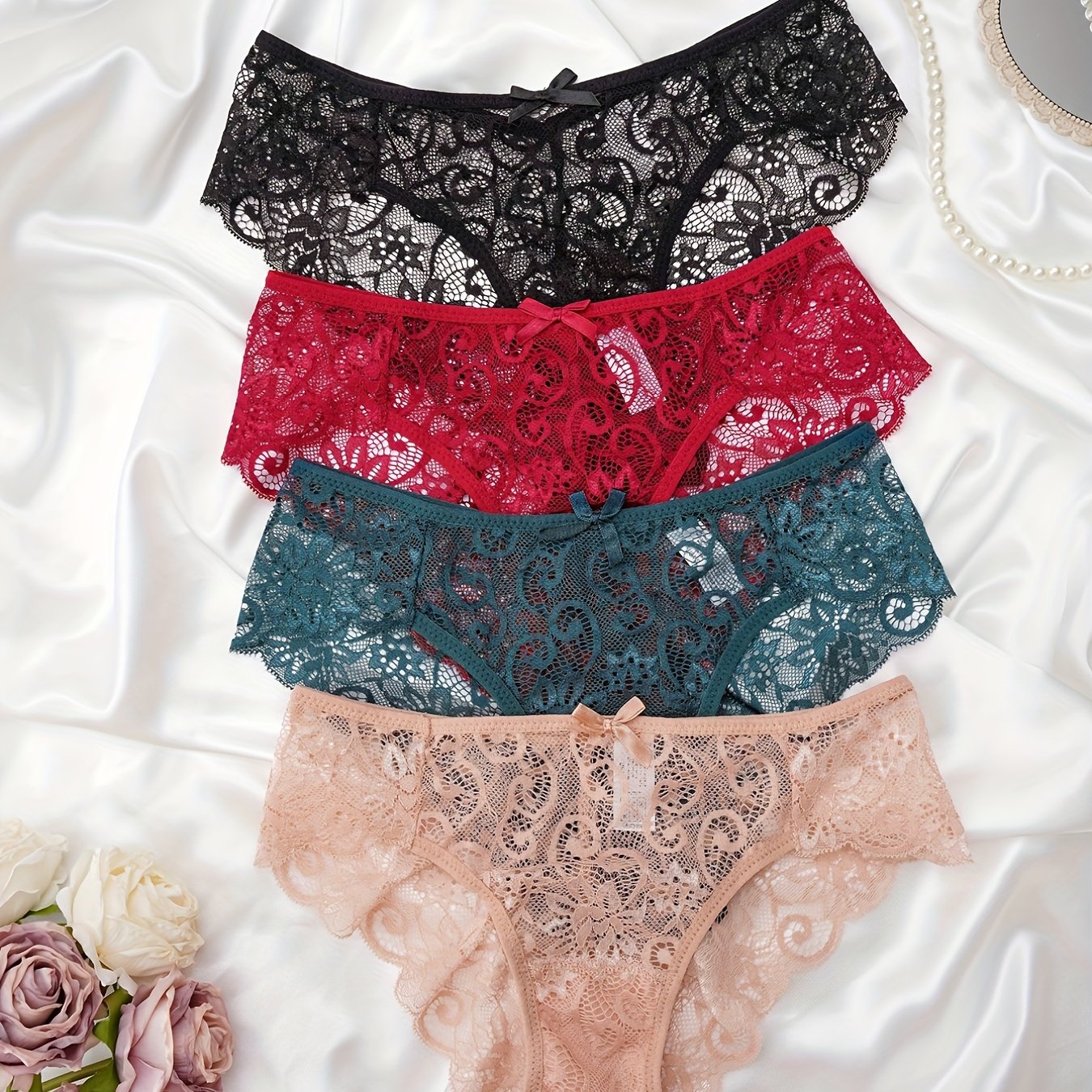 4pcs Lace Bow Tie Briefs Scalloped Panties Women's Lingerie