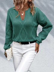 Solid Notched Neck Long Sleeve Sweater for Fall & Winter