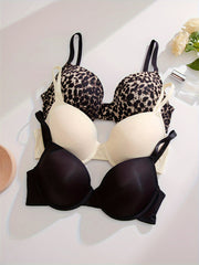 3 Pack Sexy Plus Bras Set Solid & Leopard Print Underwire Everyday 3pcs