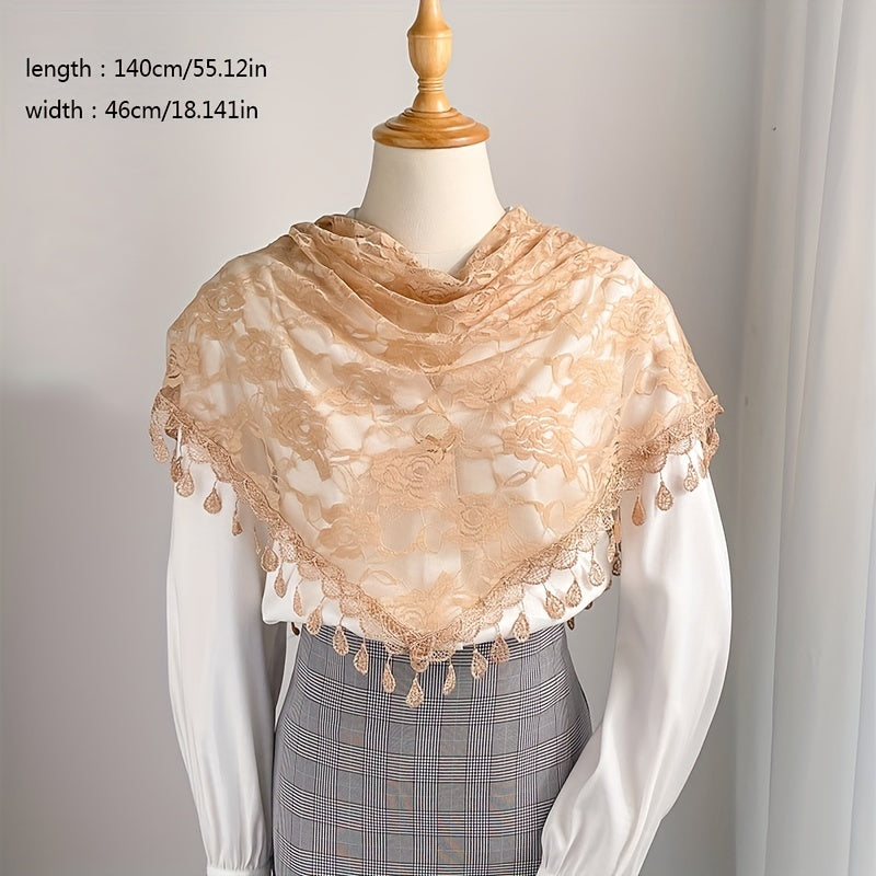 Apricot Hollow Out Triangle Towel Lace Fringed Shawl for Women