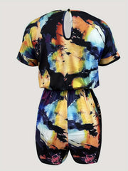 Tie Dye Drawstring Waist Romper Jumpsuit Casual Short Sleeve Romper
