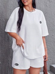 Letter Patched Waffle Knit Crew Neck Top & Shorts Pajamas Set