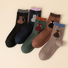 5 Pairs Cartoon Cat Print Crew Socks Women's Stockings