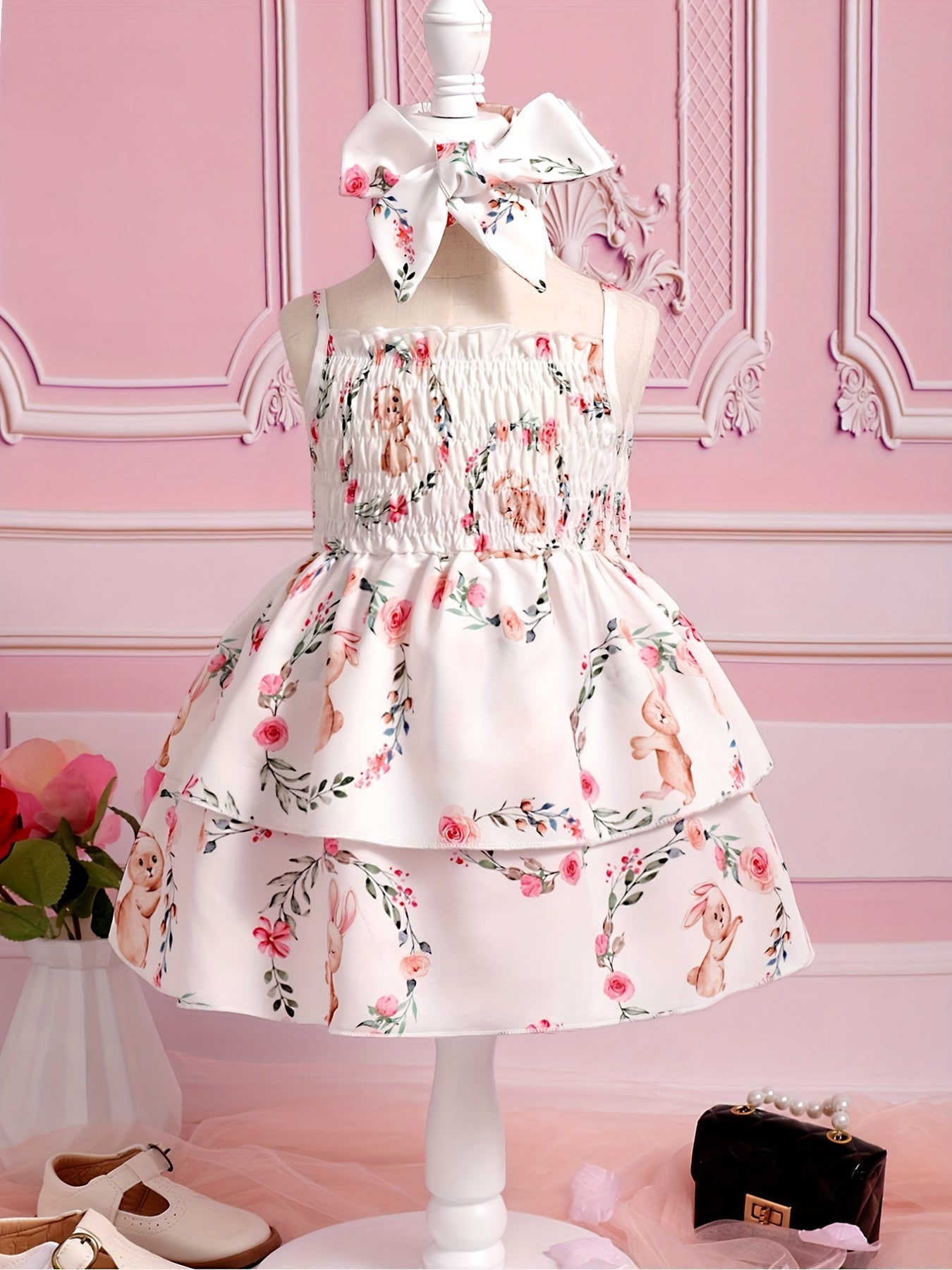 Cute Bunny & Flower Print Puffy Cami Gown Dress