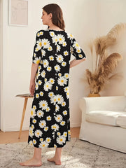 Flower Print NightDress Short Sleeve Pajama Dress Women's Sleepwear