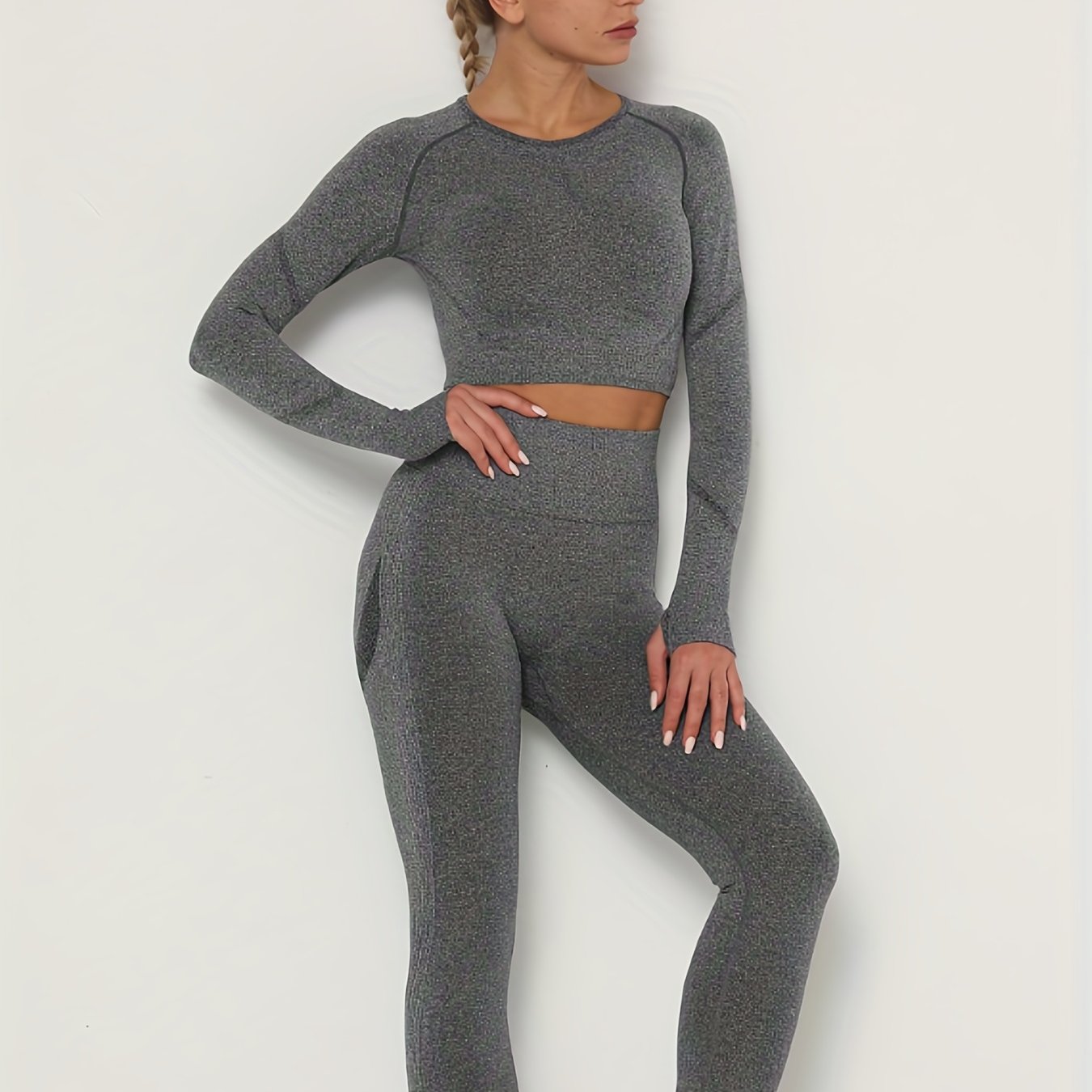 2pcs Seamless Yoga Sets Long Sleeve Top & Leggings Women's Activewear