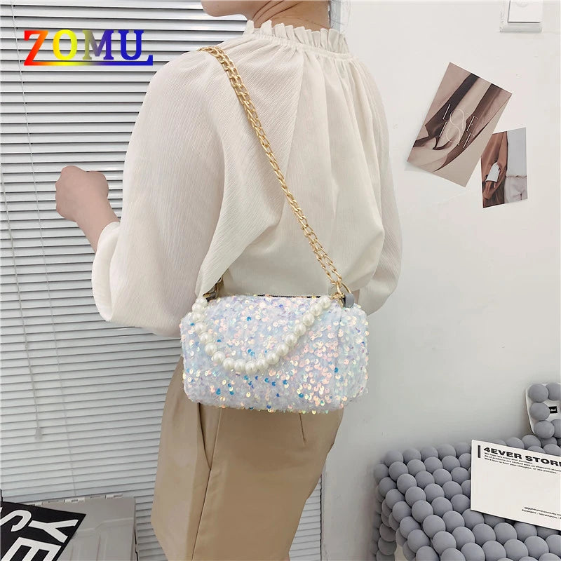 Sequins Pearl String Handbag Golden Chain Evening Bag
