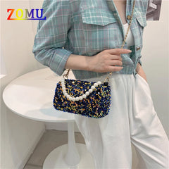 Sequins Pearl String Handbag Golden Chain Evening Bag