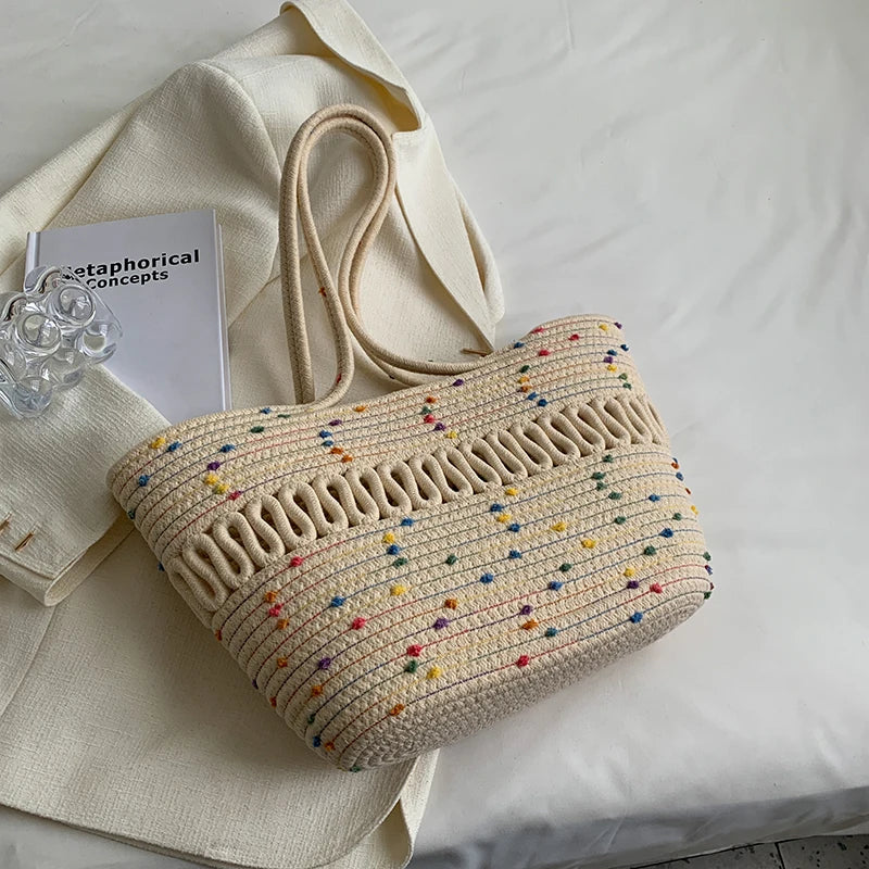 Women's Straw Woven Beach Bag Large Capacity Shoulder Basket Bag