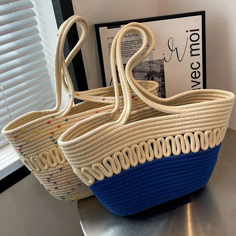 Women's Straw Woven Beach Bag Large Capacity Shoulder Basket Bag