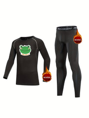 2pcs Kids Compression Fleece Sets Frog Pattern Crew Neck Pullover Matching Pants