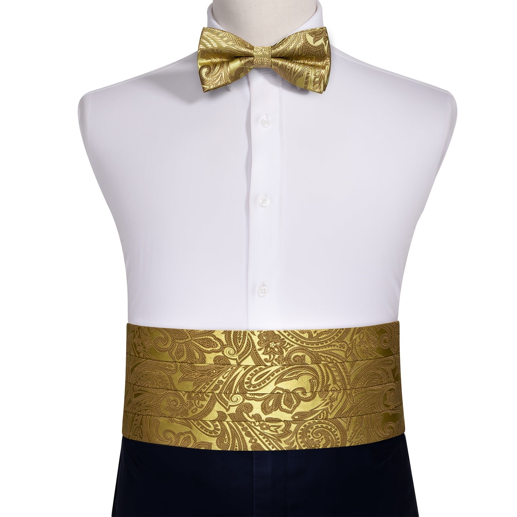 Barry Wang Men's Golden Cummerbund Bowtie Set Silk Paisley Floral