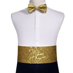Barry Wang Men's Golden Cummerbund Bowtie Set Silk Paisley Floral