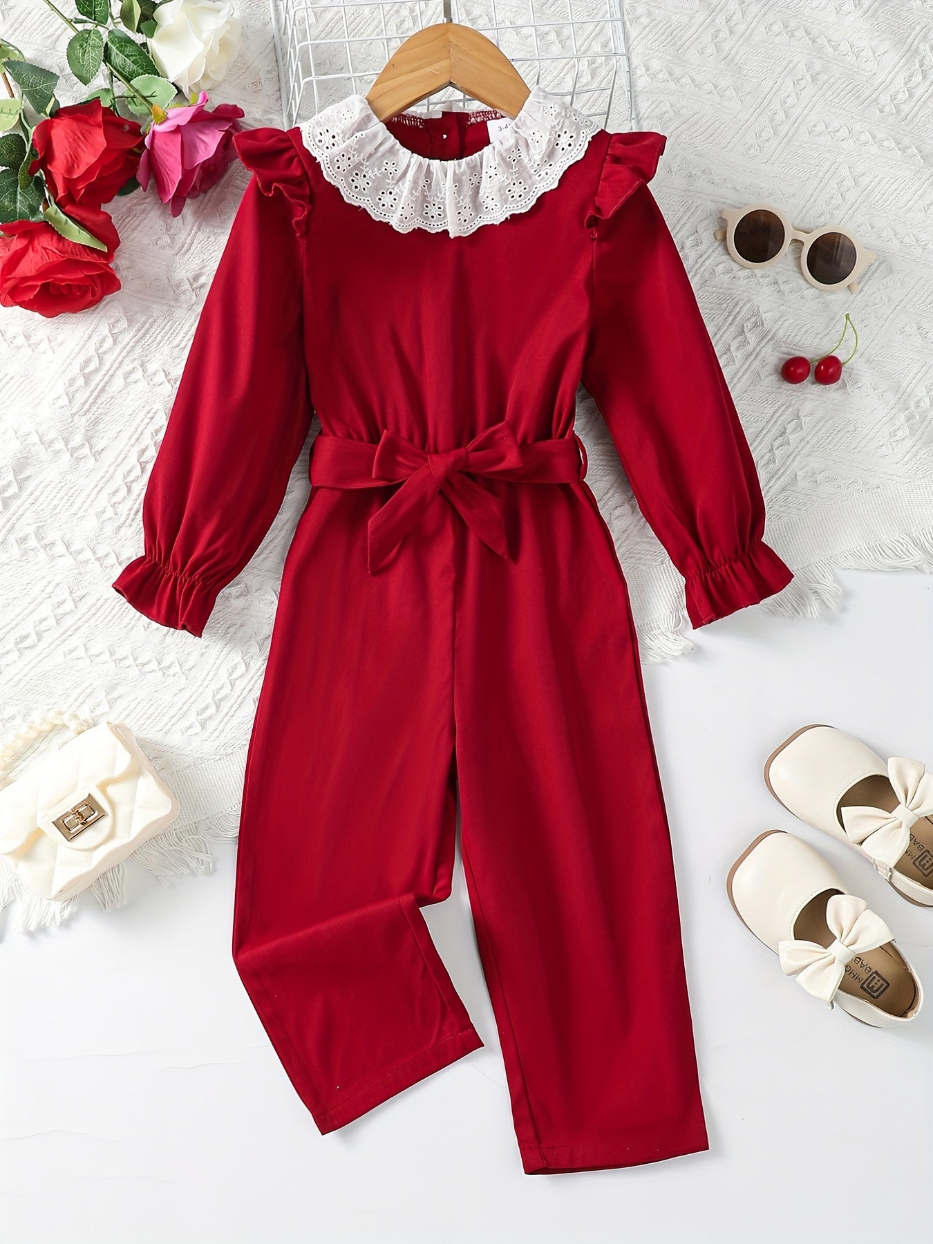 Toddler Girls Lace Neck Belted Rompers Jumpsuits for Beach Vacation