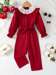 Toddler Girls Lace Neck Belted Rompers Jumpsuits for Beach Vacation