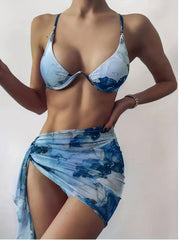 Marble Print Bikini Set with Wrap, Beachwear 3 Piece