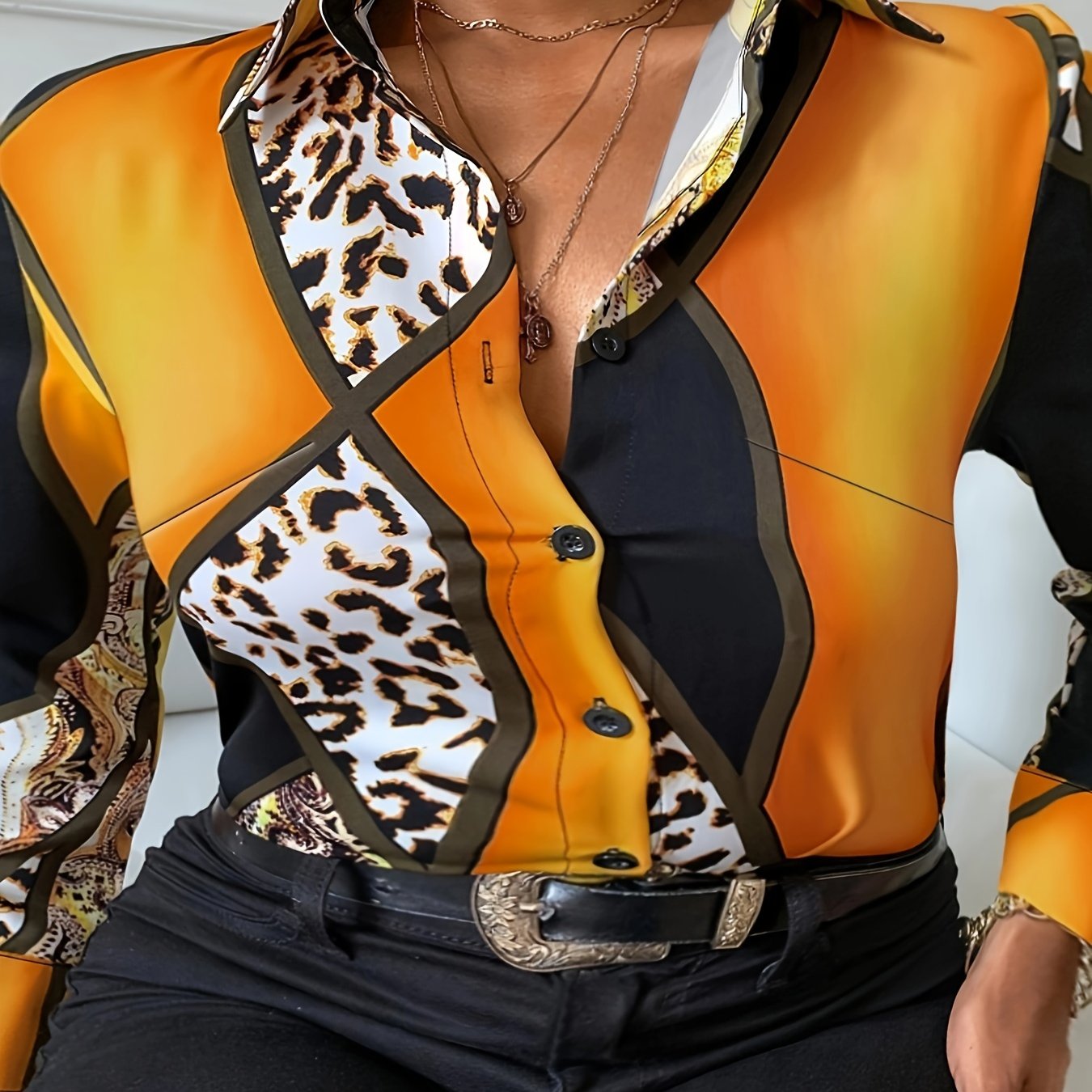 Colorblock Leopard Button Up Blouse