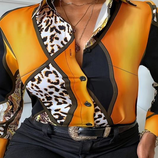 Colorblock Leopard Button Up Blouse
