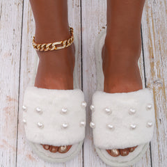 Fuzzy Bedroom Slippers Ladies Shoes with Faux Pearl Decor