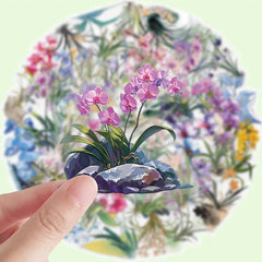 50pcs Reusable Orchid Doodle Stickers Mixed Colors Floral Designs Artistic Gift