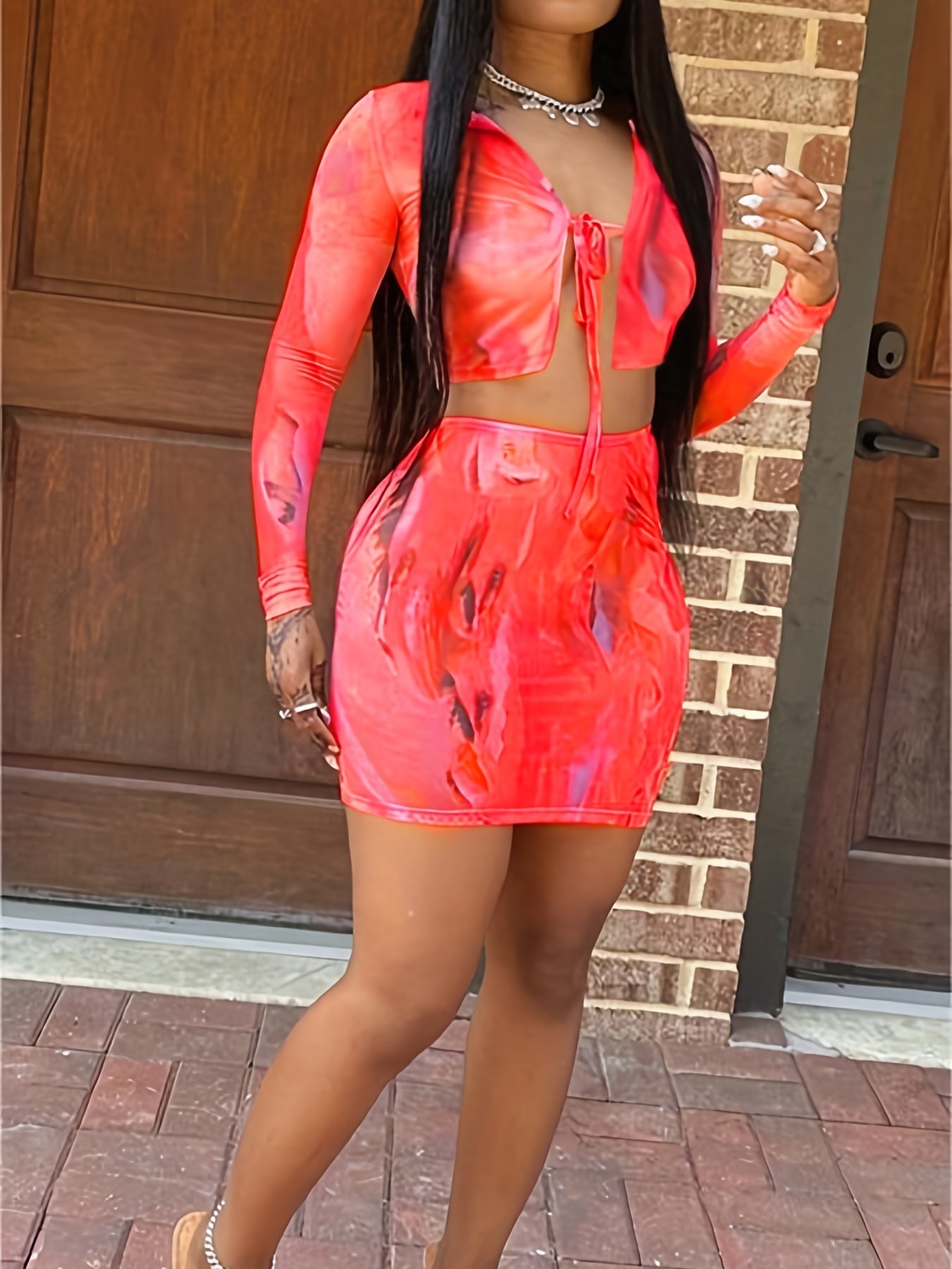 Sexy Tie Dye Two piece Skirt Set Lace Up Crop Top & Bodycon Skirt