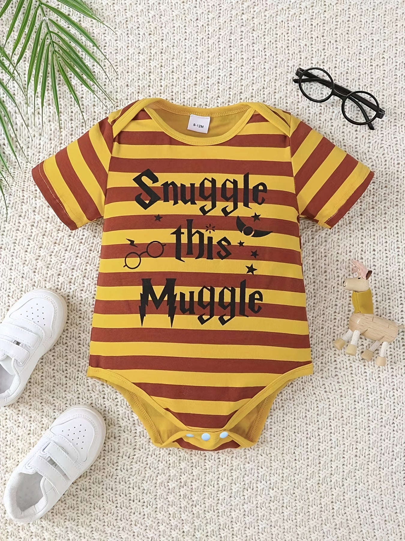 Baby's Striped Romper with Letter Graphics - Short Sleeve Onesie