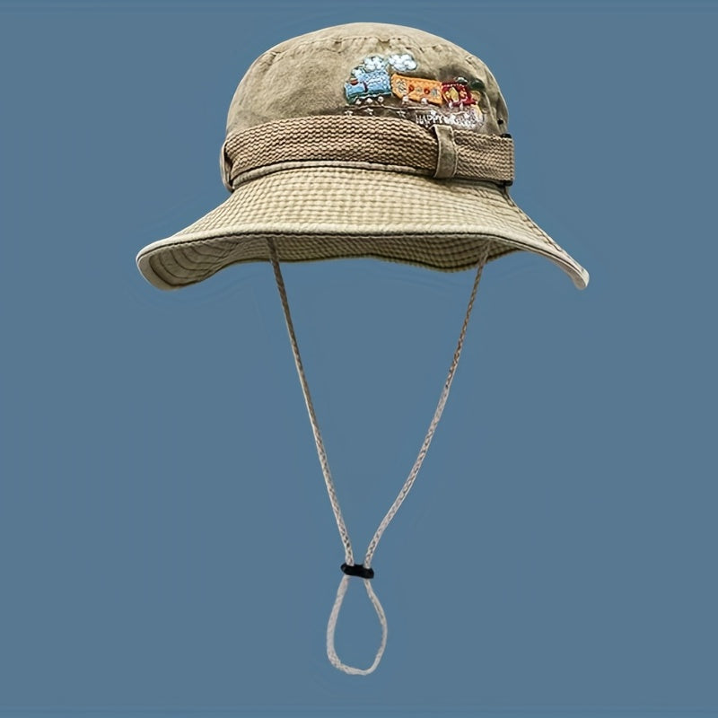 Outdoor Washed Sun Protection Embroidered Train Pattern Bucket Hat
