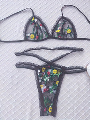 Floral Embroidery Lingerie Set Ruffle Mesh Bra & Cut Out Panties