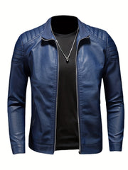 Men's Casual Faux Leather Biker Jacket Zip Up Stand Collar for Spring Fall