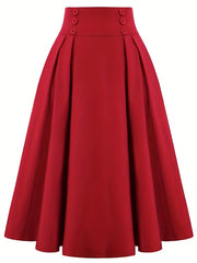 Button Front High Waist Solid Pleated Skirt