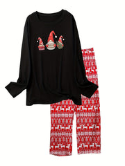 Christmas Casual Pajama Set Women's Plus Gnome Deer Snow Print