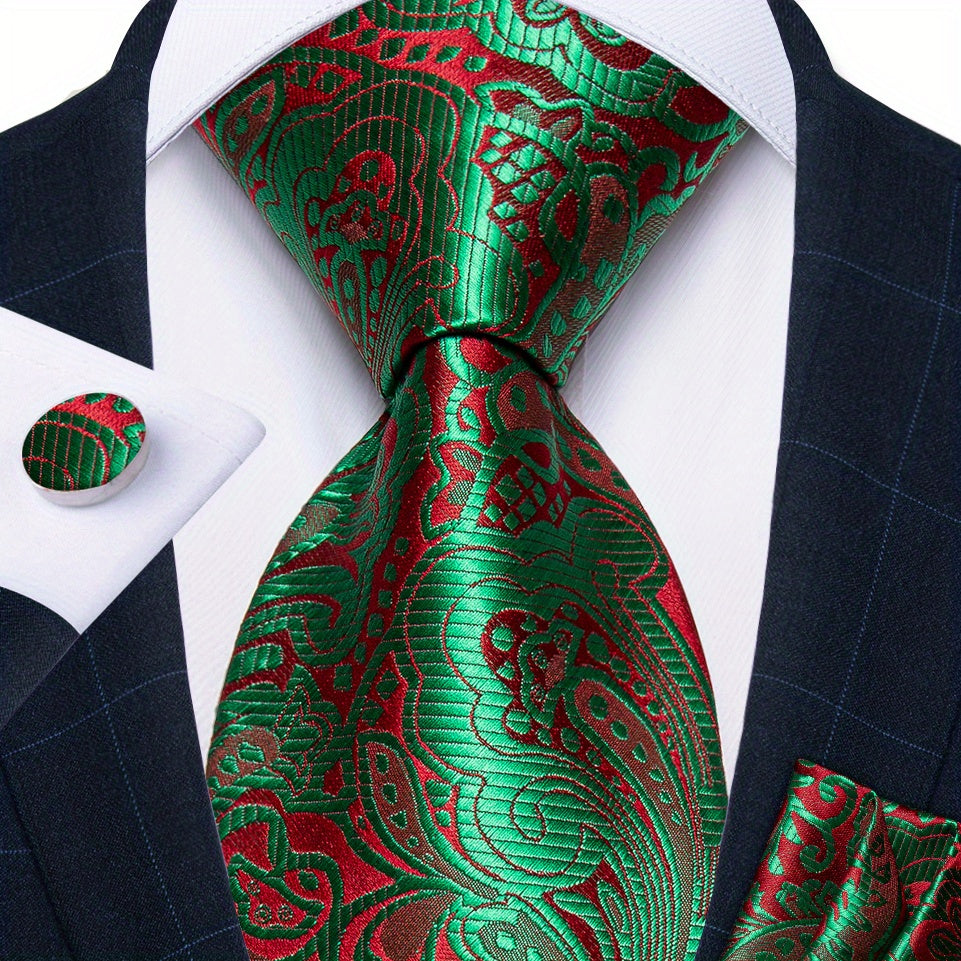 Men's Green Paisley Striped Silk Woven Necktie Set