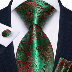 Men's Green Paisley Striped Silk Woven Necktie Set