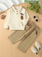 Preppy Style Boy's 2pcs Bear Embroidered Polo Shirt & Pants Set