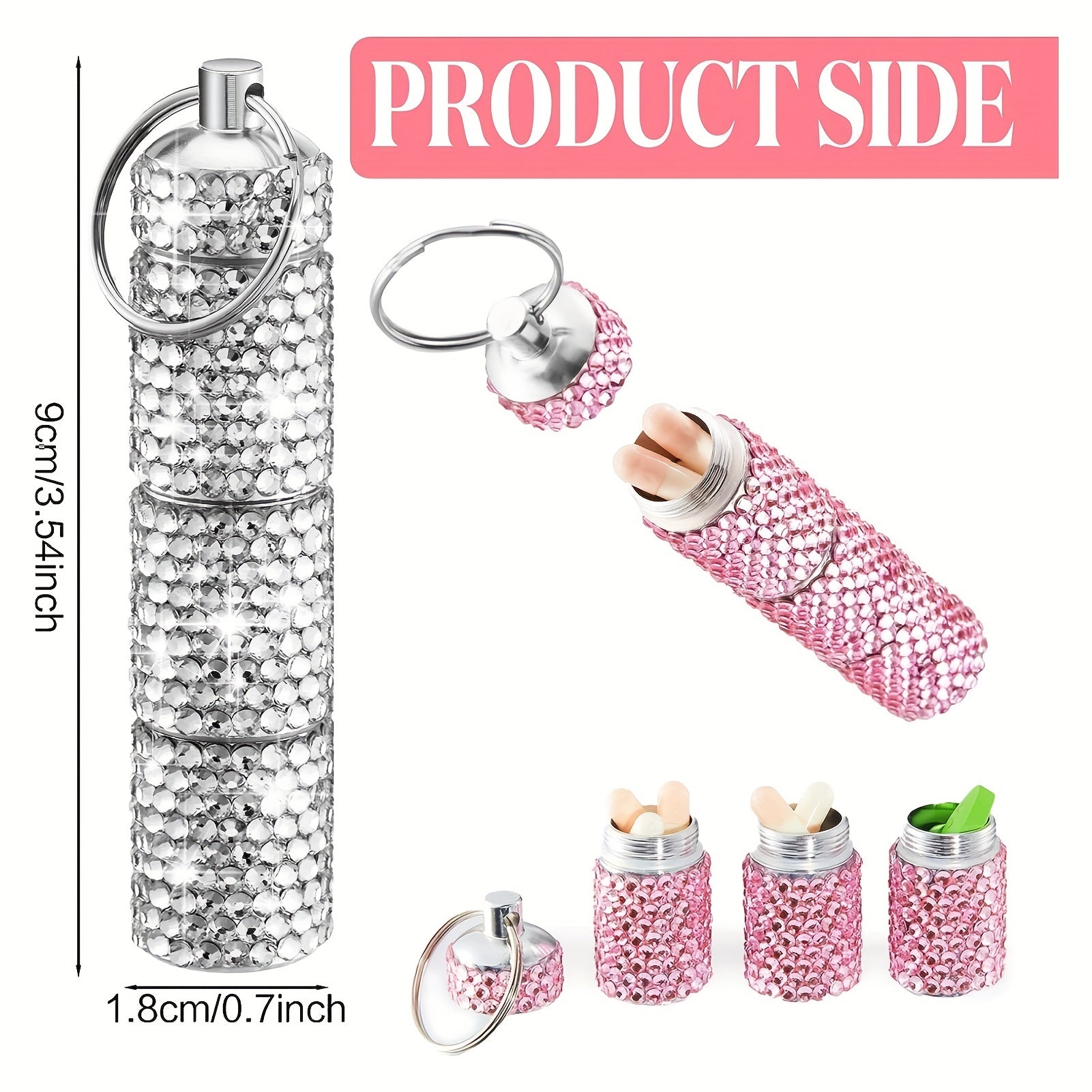Rhinestone Pill Case Container Keychain for Travel