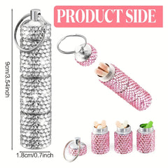 Rhinestone Pill Case Container Keychain for Travel