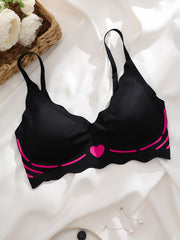 Heart Print Wireless Bra Comfy & Breathable Scallop Trim Bra