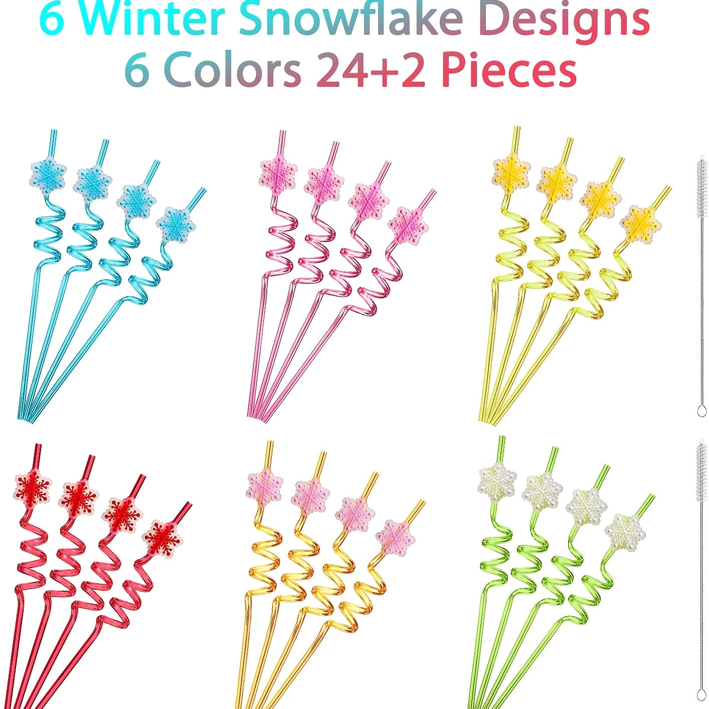 24 Snowflake Straws & 2 Cleaning Brushes Winter Party Supplies