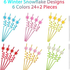 24 Snowflake Straws & 2 Cleaning Brushes Winter Party Supplies