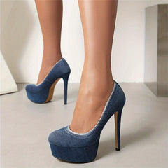 Women's Denim Platform Slip On Stiletto Heels