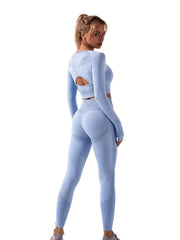 Solid Yoga Set Quick Drying Sports Suit Long Sleeve Sports Bra & High Waist Legg