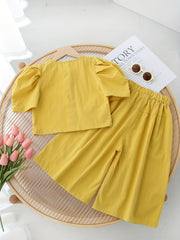 2pcs Toddler Girls Puff Sleeve Button Cotton Blouse Top & Wide Leg Pants Set