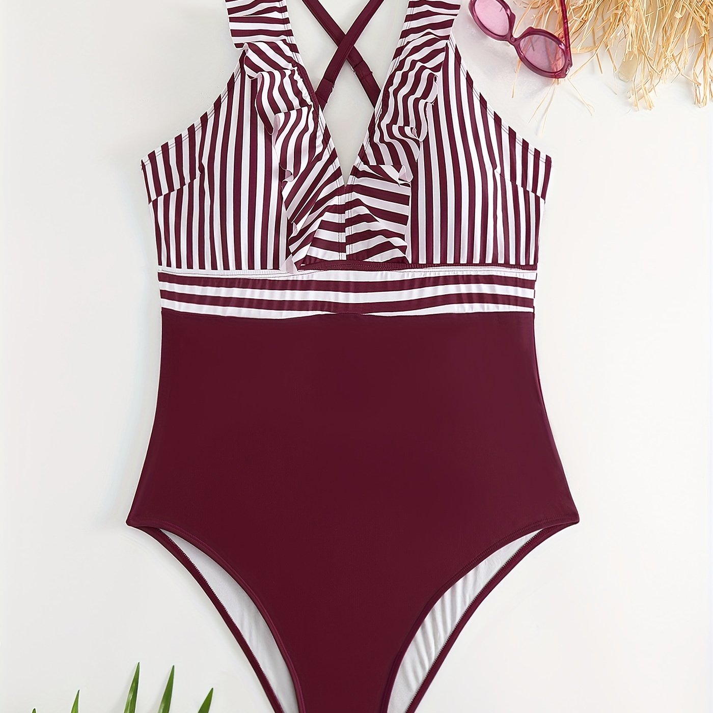 Colorblock Striped V Neck One Piece Swimsuit