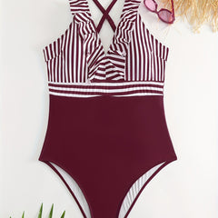 Colorblock Striped V Neck One Piece Swimsuit