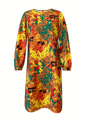 Abstract Print Dress Boho Keyhole Long Sleeve Women's Clothing