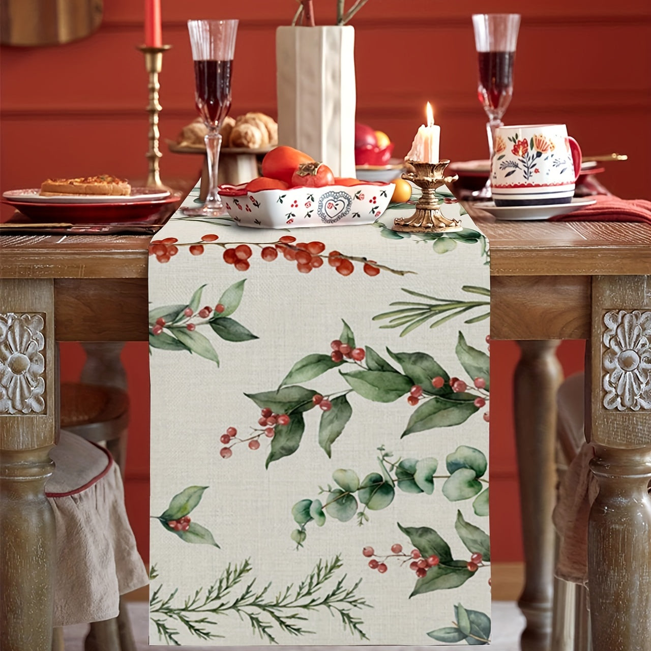 Christmas Eucalyptus Leaves and Berries Table Runner 33x18