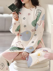 Cartoon Print Pajama Set Long Sleeve Top & Elastic Waistband Pants